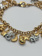 18ct Gold And Rhodium Plated Elephant Moon Stars Bears Charm Bracelet
