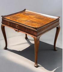 Antique Walnut Tray Top Side Table With Drawer. Pad Feet, Brass Handle.