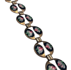 Beautiful Vintage Enamelled Hand Painted Pink Flowers Metal Bracelet