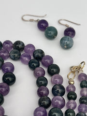Amethyst And Moss Agate Beaded Necklace And Sterling Silver Earring Set