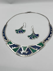 Alpaca Mexico Crushed Turquoise Blue Stone Collar Necklace And Earring Set