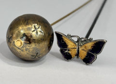 Antique 11cm Length Enamel Butterfly And Ball Stars Hat Pin