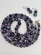 Amethyst And Moss Agate Beaded Necklace And Sterling Silver Earring Set