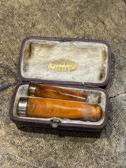 Antique cased set of two butterscotch/honey amber cheroot / Cigarette Holders
