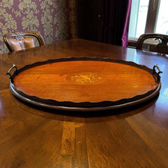 Antique Mahogany Drinks Tray With A Musical Scene Marquetry Inlaid To Centre.