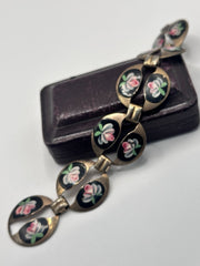 Beautiful Vintage Enamelled Hand Painted Pink Flowers Metal Bracelet