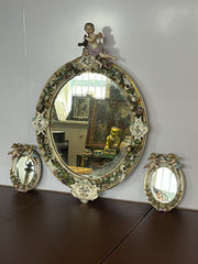 Antique Meissen German Porcelain Wall Mirror Set. Decorated With Cherubs & Birds