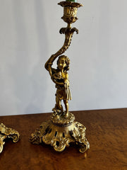 19th Century Gilt Bronze Candlesticks, Boy & Girl Figures, Very Good Quality.