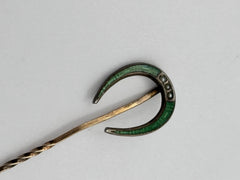Antique Gold Tone Metal Green Enamel Seed Pearl Lucky Horseshoe Stick Pin