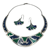 Alpaca Mexico Crushed Turquoise Blue Stone Collar Necklace And Earring Set