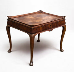 Antique Walnut Tray Top Side Table With Drawer. Pad Feet, Brass Handle.