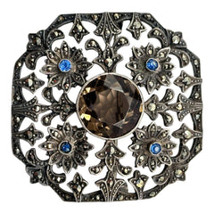 Antique Edwardian Silver 925 Marcasite Glass Stone Brooch