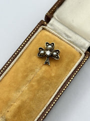Antique 14ct Gold White Stone Pearl Lucky Shamrock Stick Pin Top