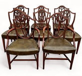 8 Hepplewhite Dining Chairs. Green Leather Upholstery. Prince Of Wales Feathers