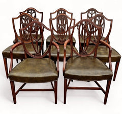 8 Hepplewhite Dining Chairs. Green Leather Upholstery. Prince Of Wales Feathers