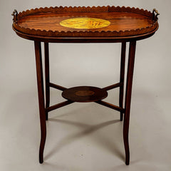 Antique English Wood Tray Top Serving Table with Inlaid Conch Design