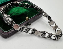 Antique Sterling Silver Fancy Link Flowers Bracelet