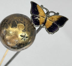 Antique 11cm Length Enamel Butterfly And Ball Stars Hat Pin