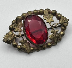Antique Victorian Metal Red Glass Brooch