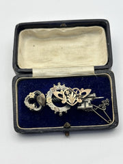 Antique Sterling Silver Gilt Key Heart Brooch Safety Chain Boxed