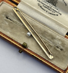 Antique Victorian Edwardian 18ct Gold Platinum Pearl Bar Brooch Original Box