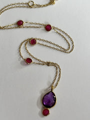 18k Gold Vermeil Plated On 925 Silver Amethyst Teardrop And Ruby Necklace