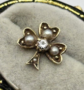 Antique 14ct Gold White Stone Pearl Lucky Shamrock Stick Pin Top