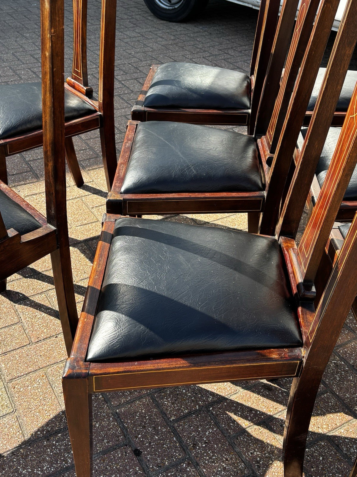 8 Art Noveau Marquetry Inlaid Mahogany Dining Chairs, New Upholstery.