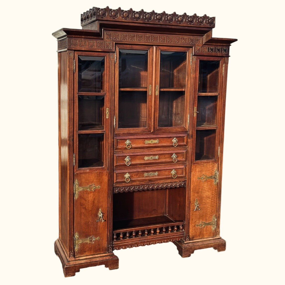 Arts & Crafts French Walnut Bookcase / Cupboard With Fitted Shelves & Drawers