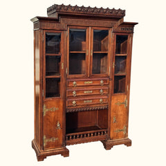 Arts & Crafts French Walnut Bookcase / Cupboard With Fitted Shelves & Drawers