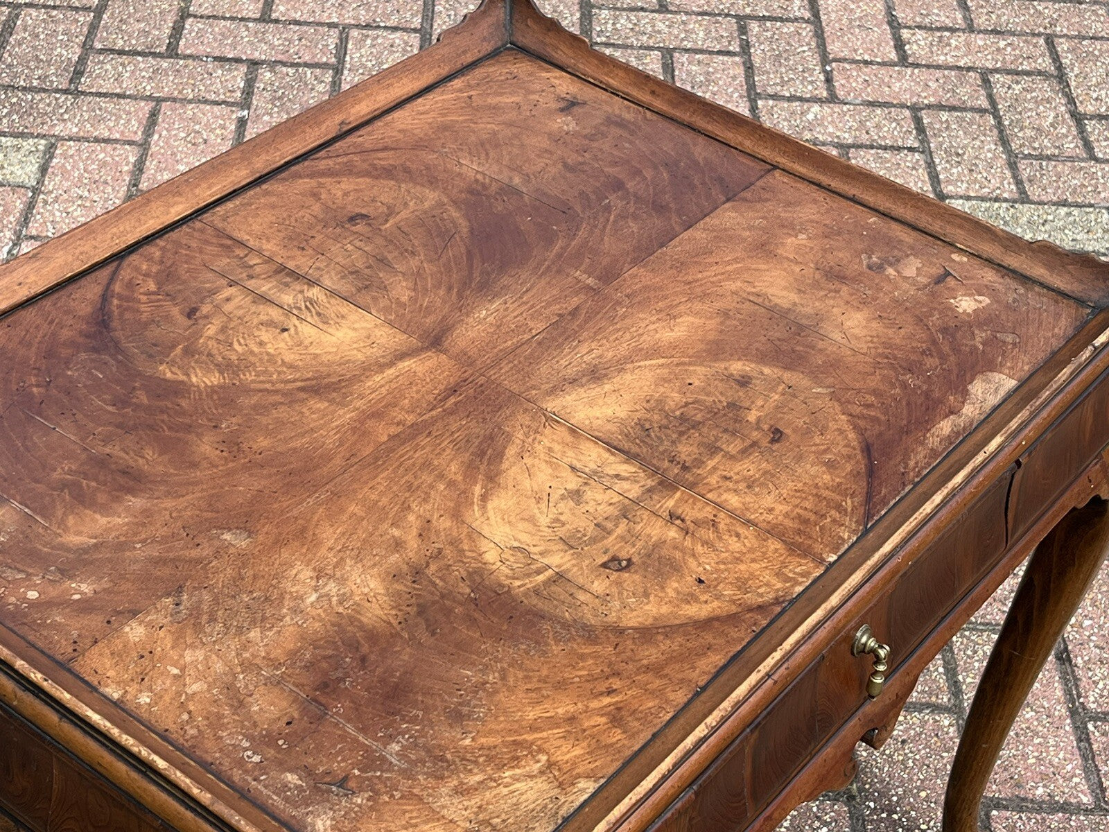 Antique Walnut Tray Top Side Table With Drawer. Pad Feet, Brass Handle.