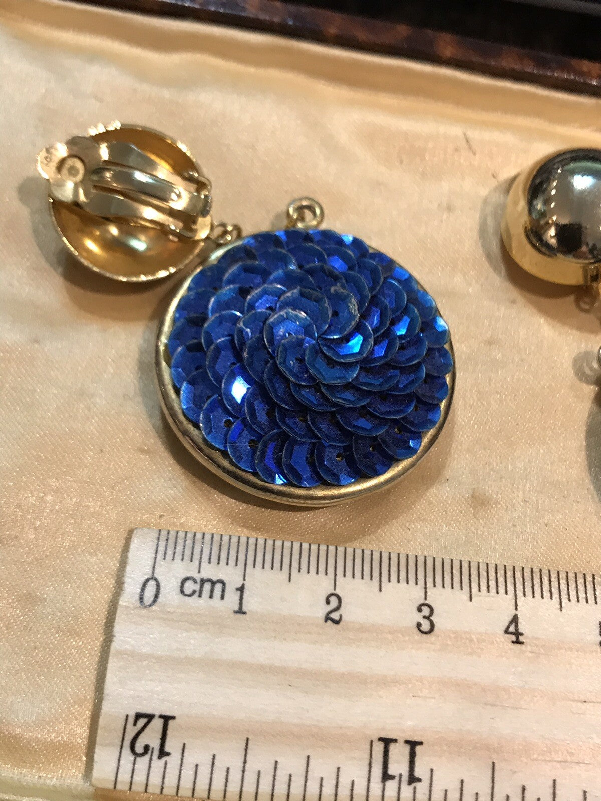 1980s Statement Drop Clip On Earrings Blue Sequin