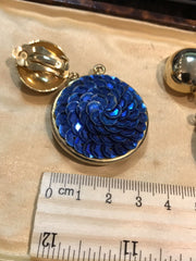 1980s Statement Drop Clip On Earrings Blue Sequin