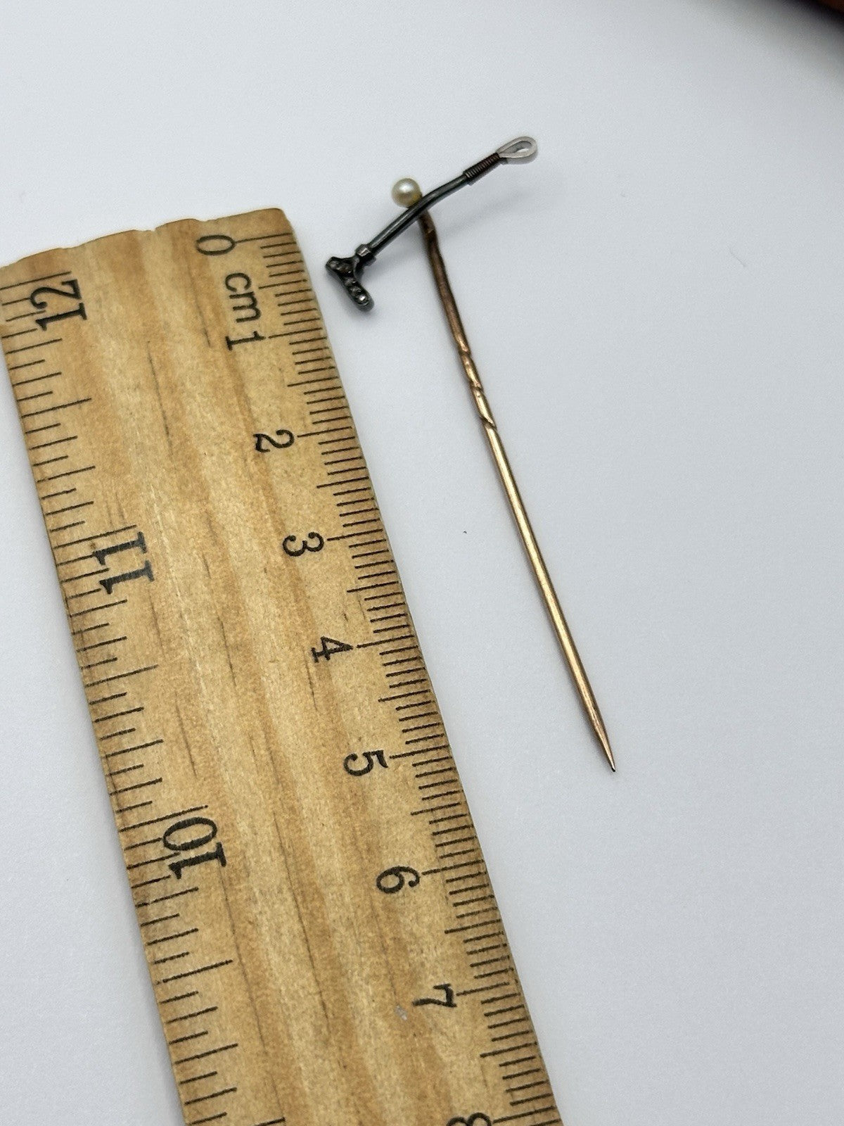 Antique 9ct Gold 15ct Gold Diamond Riding Crop On 9ct Gold Stick Pin
