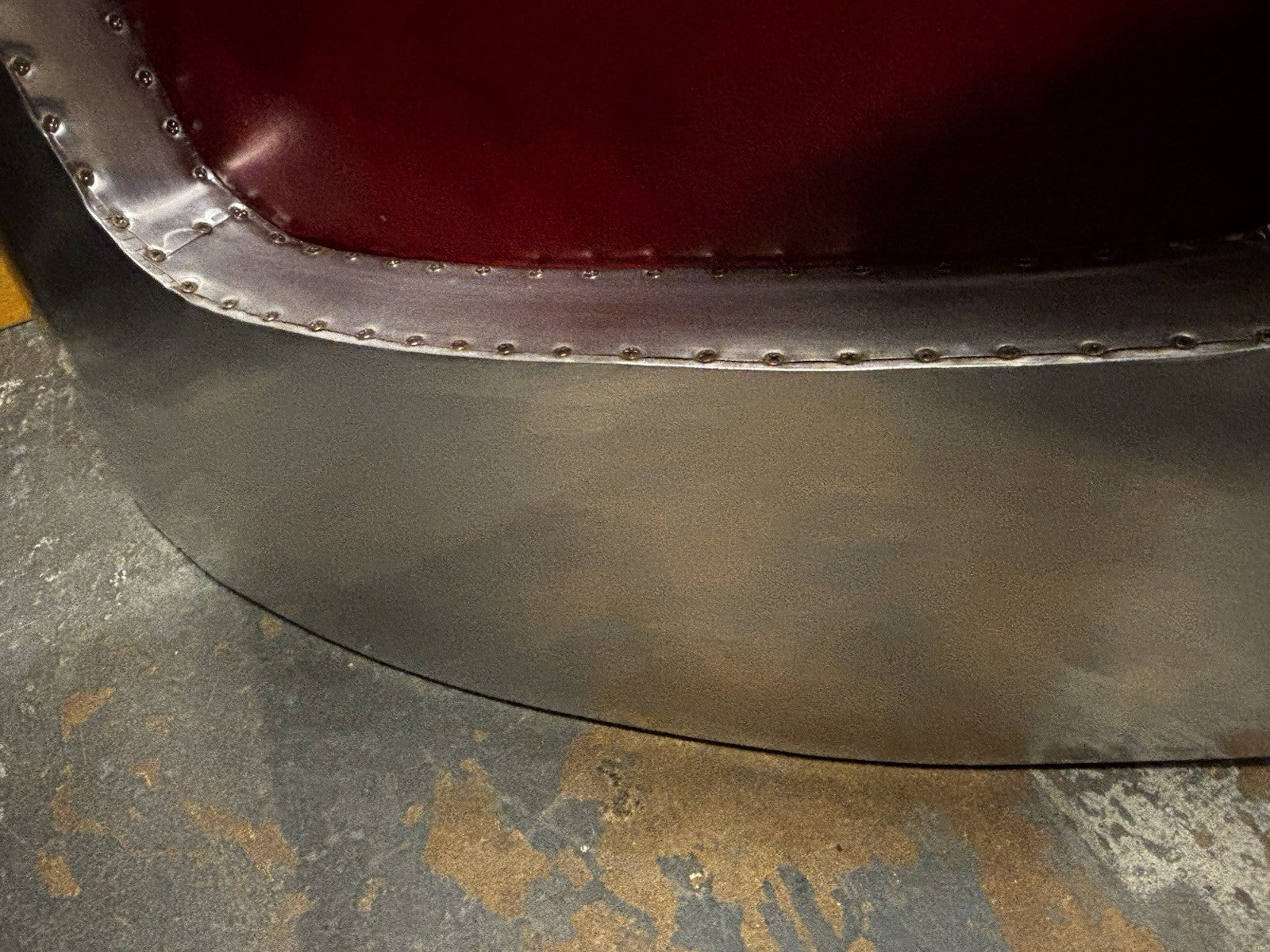 Aviators Polished Metal  Armchair, With Red Leather Upholstery.