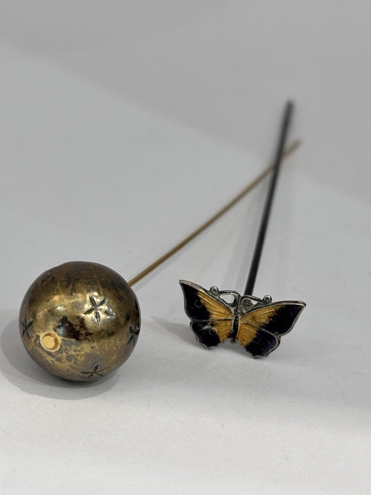 Antique 11cm Length Enamel Butterfly And Ball Stars Hat Pin
