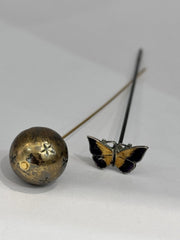Antique 11cm Length Enamel Butterfly And Ball Stars Hat Pin