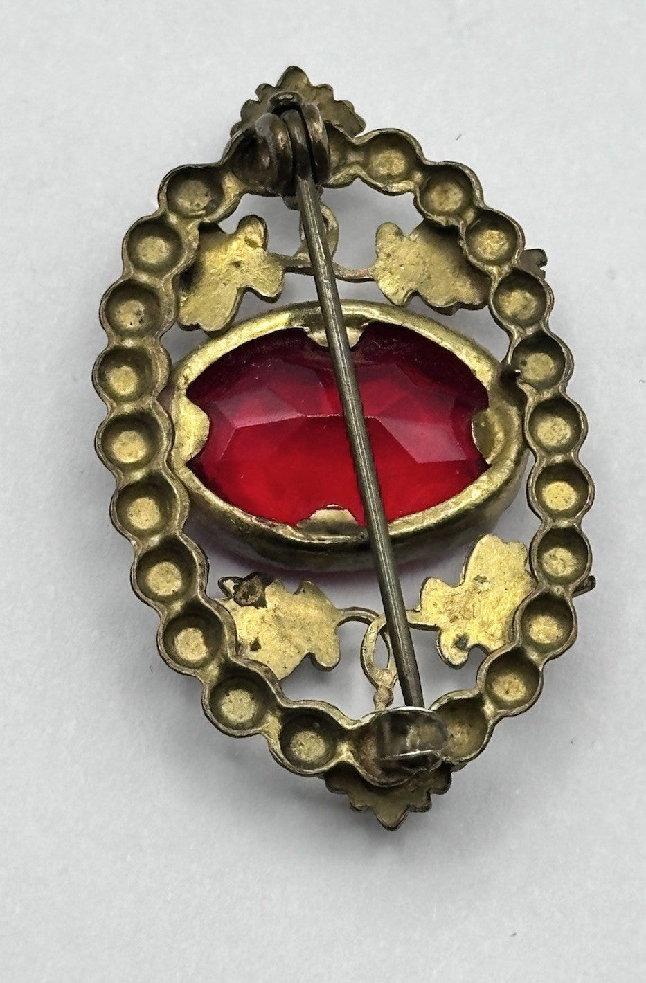 Antique Victorian Metal Red Glass Brooch