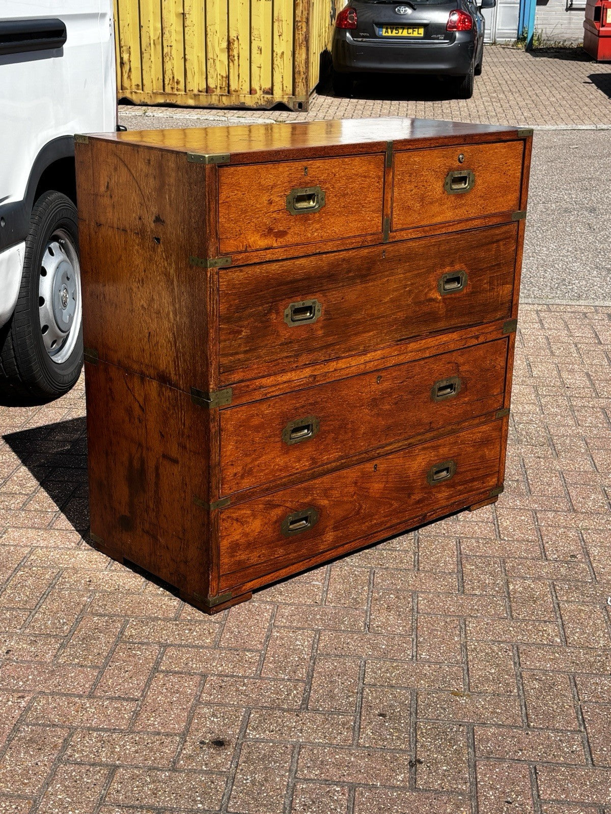 Antique Brass Bound Campaign Chest, Military Chest. Splits In 2 Pieces.