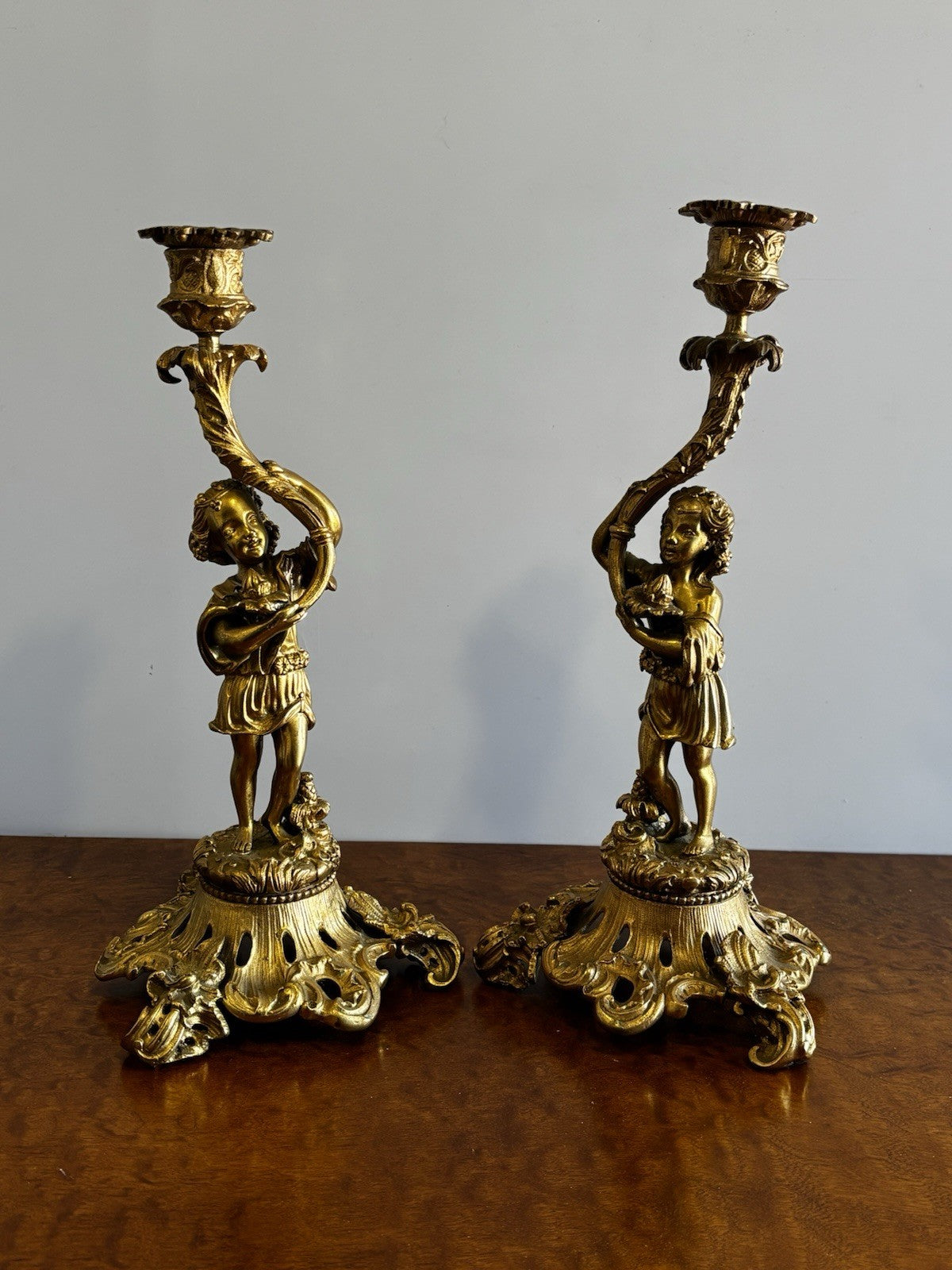19th Century Gilt Bronze Candlesticks, Boy & Girl Figures, Very Good Quality.
