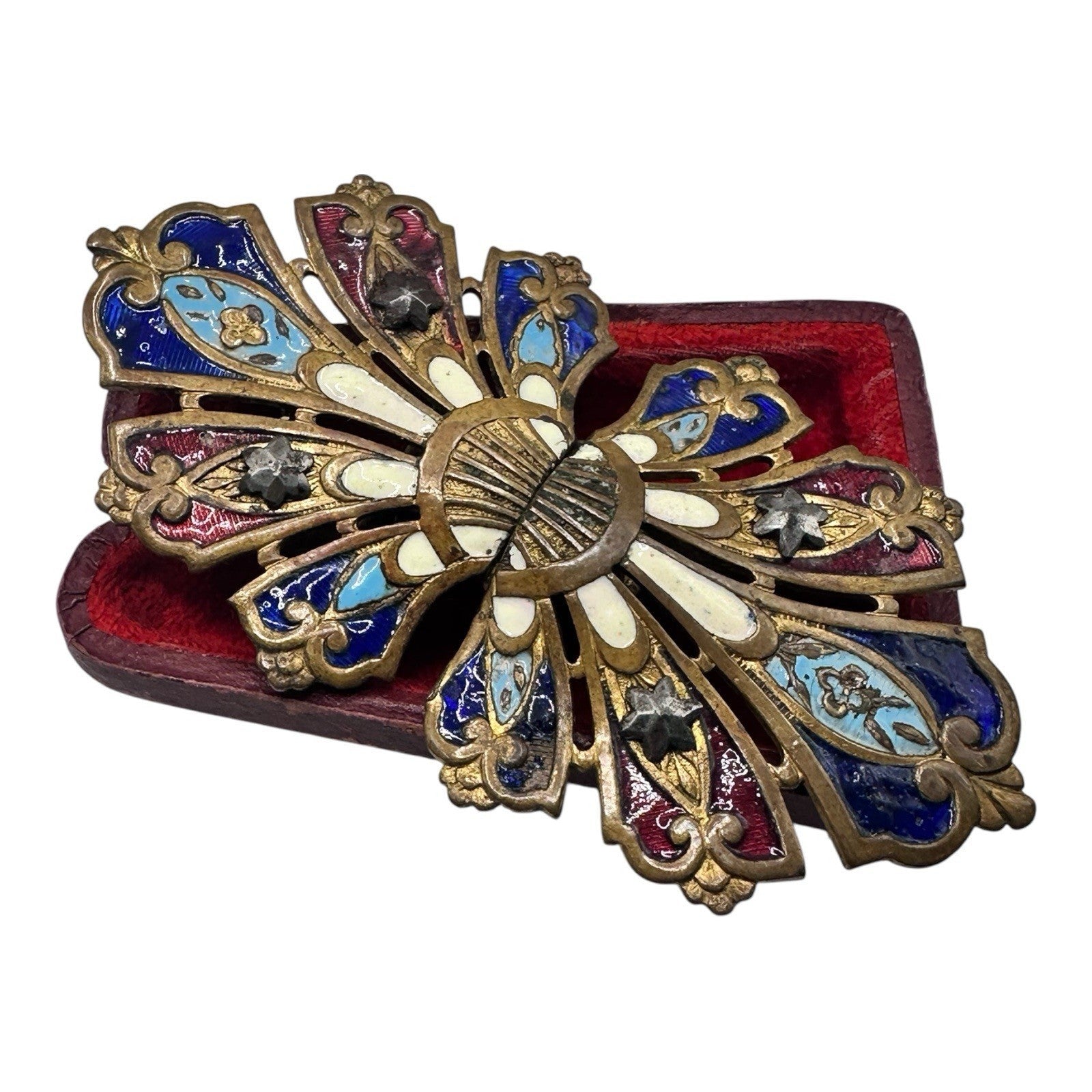 Art Nouveau Enamel Cut Steel Stars Brass Buckle