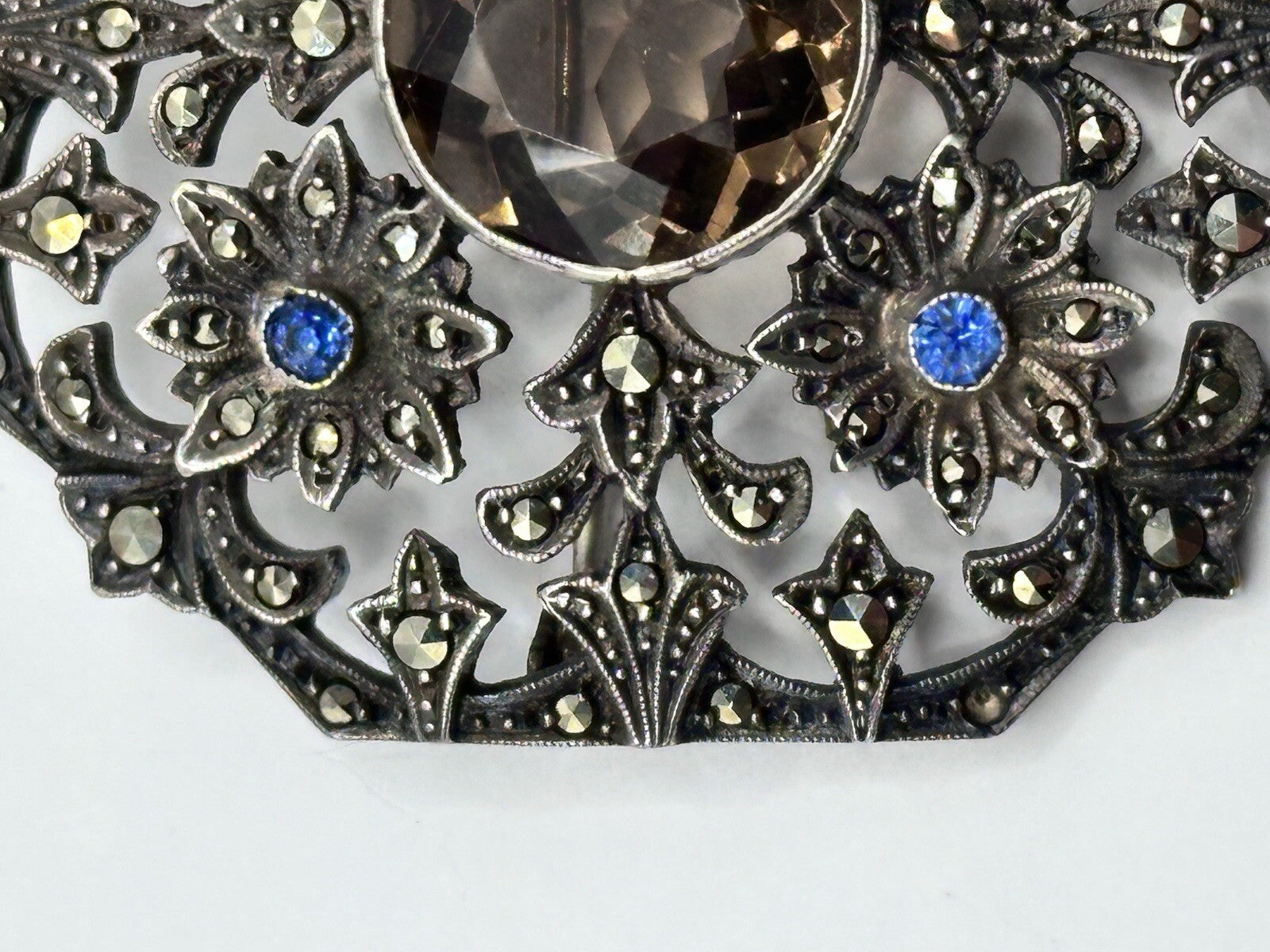 Antique Edwardian  Silver 925 Marcasite Glass Stone Brooch
