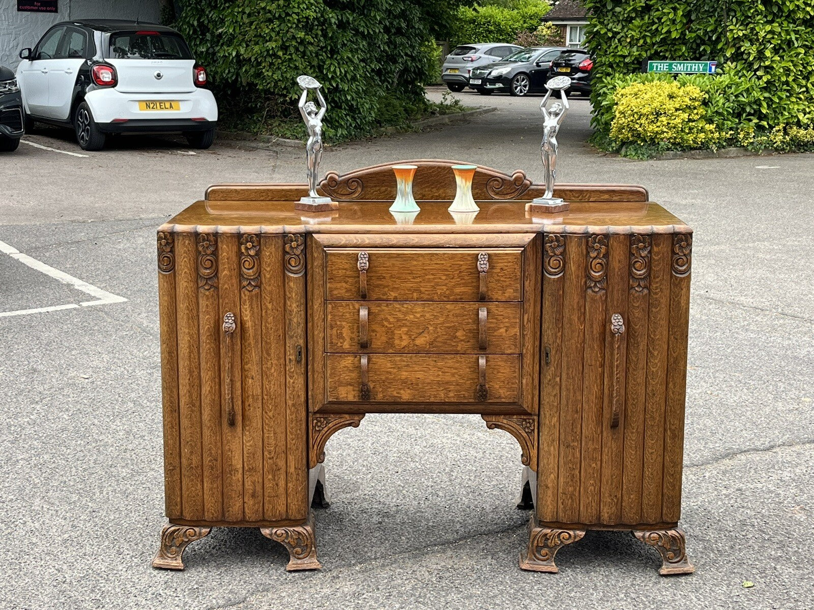 Art Deco Oak Sideboard. Circa 1930's. Carved With Flowers . Lots Of Storage.