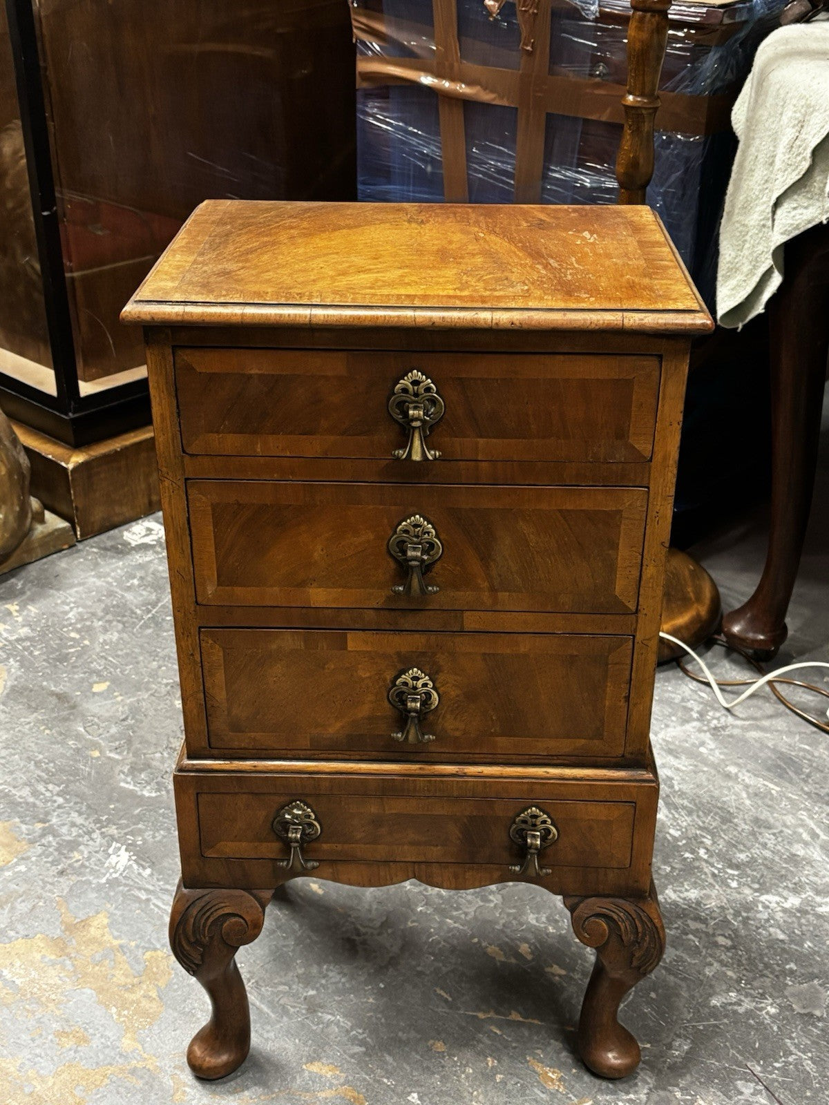 Art Deco Walnut Small Chest Of Drawers, Brass Handles.