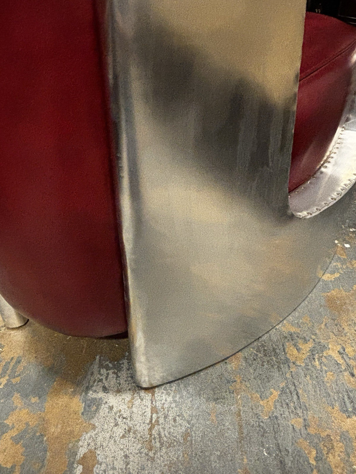 Aviators Polished Metal  Armchair, With Red Leather Upholstery.