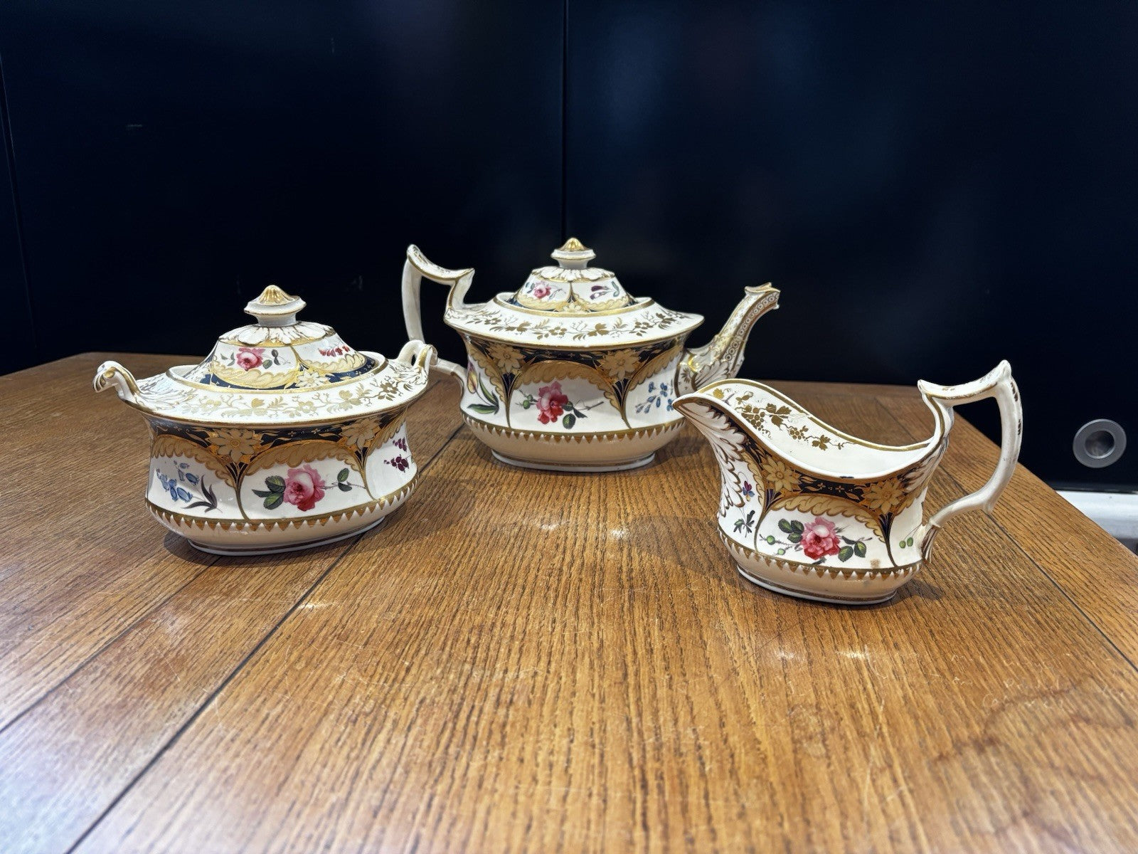 Antique Machin Highly Decorated Gilt Painted Tea Pot & Stand, Sugar & Milk Jug