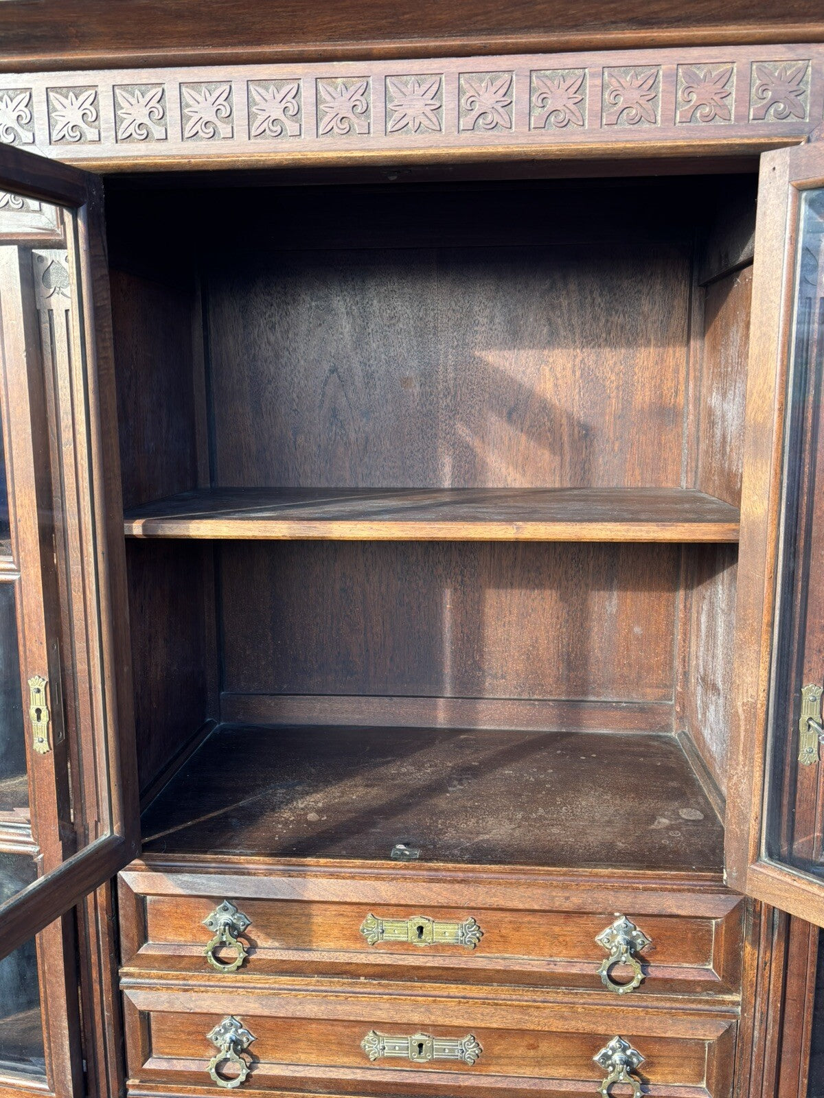Arts & Crafts French Walnut Bookcase / Cupboard With Fitted Shelves & Drawers