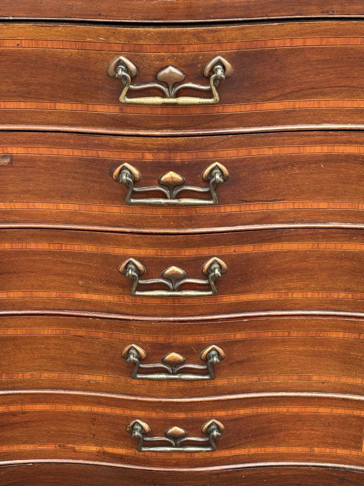Art Noveau Inlaid Mahogany Set Of Drawers, Tulip Handles.