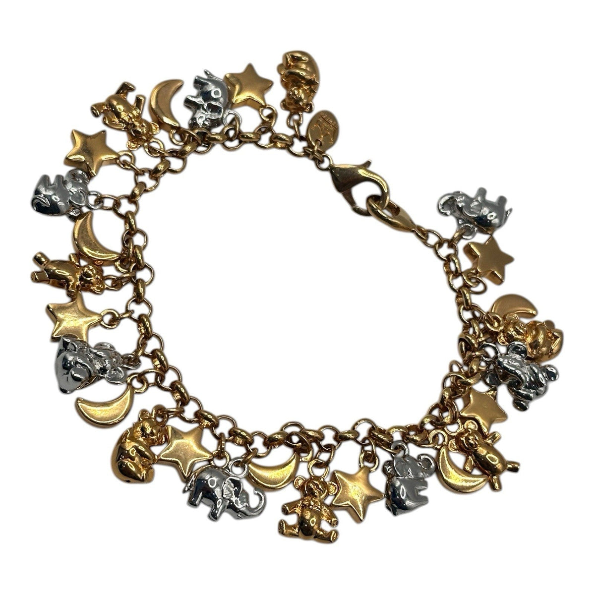 18ct Gold And Rhodium Plated Elephant Moon Stars Bears Charm Bracelet
