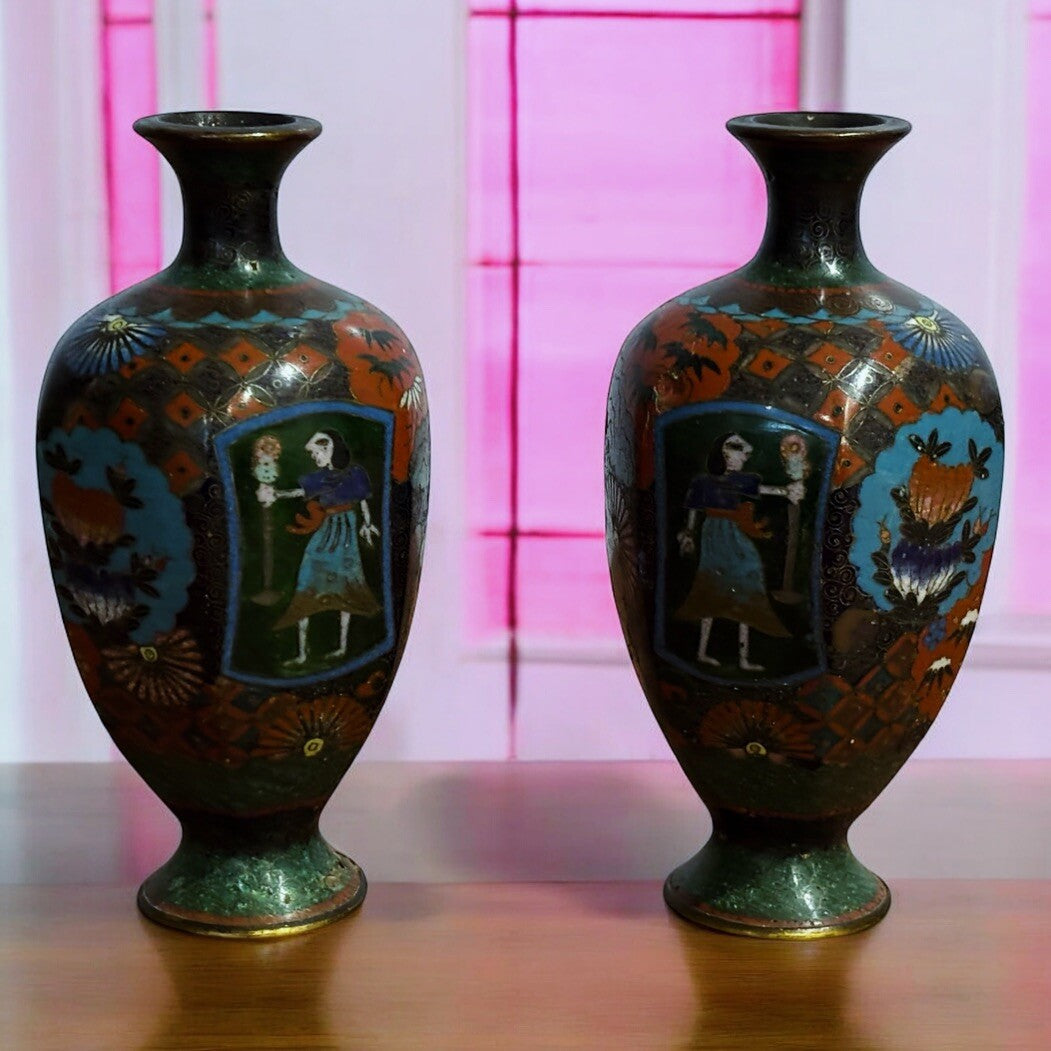 Antique Cloisonné Vases. Good Quality And Highly Decorated.